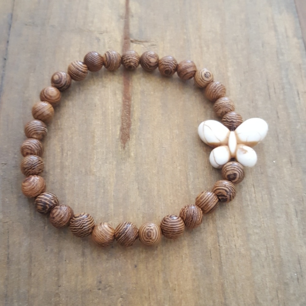 Wood with stone butterfly stretch bracelet